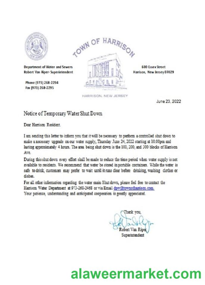 USA New Jersey Town of Harrison water shut off notice